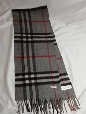 Burberry Gray Plaid Scarf with Black and Red Stripes